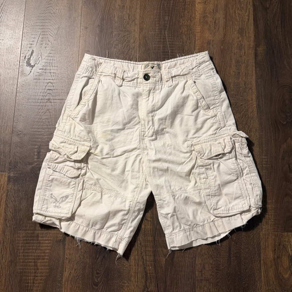 Vintage American Eagle Cargo Shorts Mens 33 Cream AE-3 Y2K Frayed Heavy Cotton